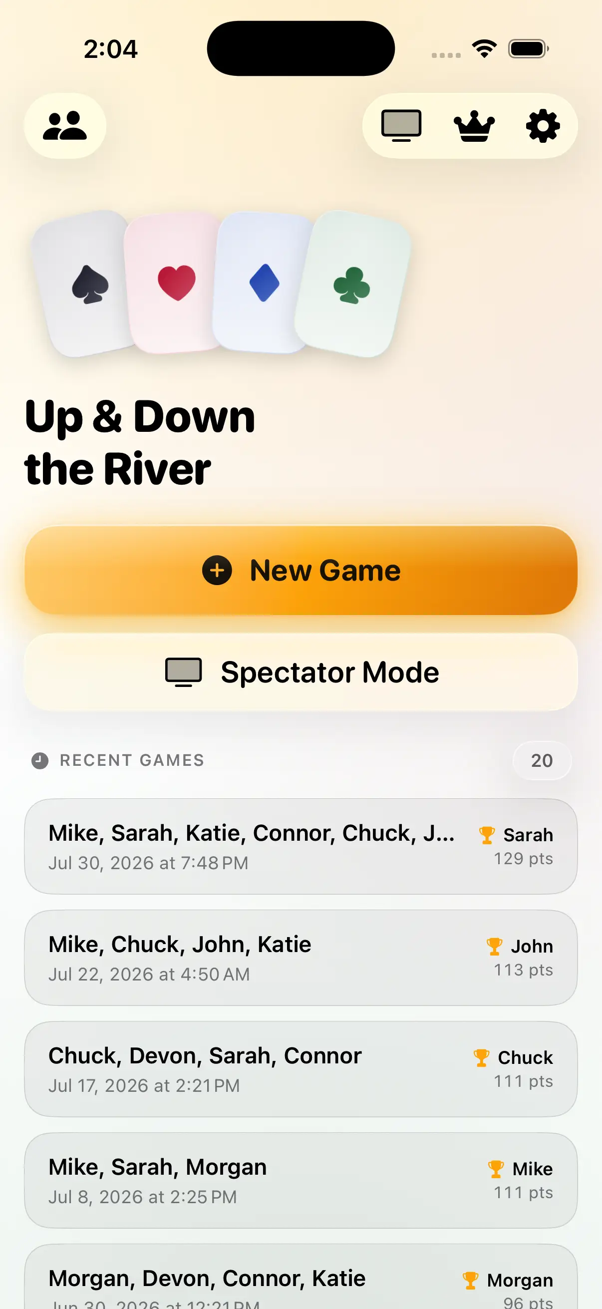 The app’s home screen, showing New Game, Spectator Mode and a list of recent games