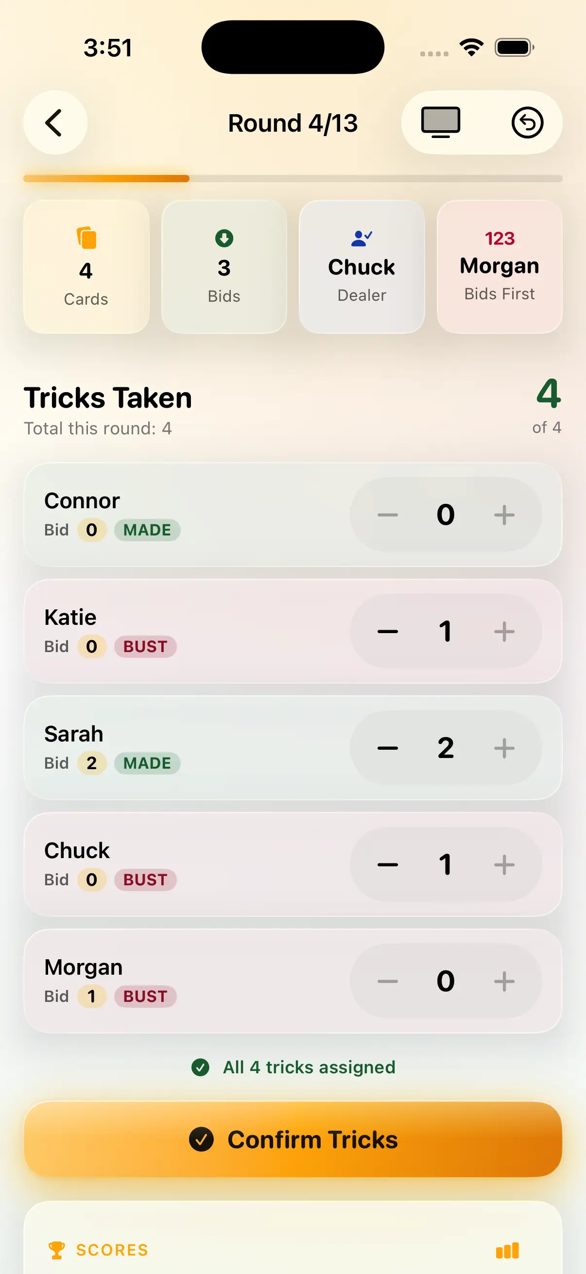 Entering tricks taken for round four, with each player’s bid marked made or missed