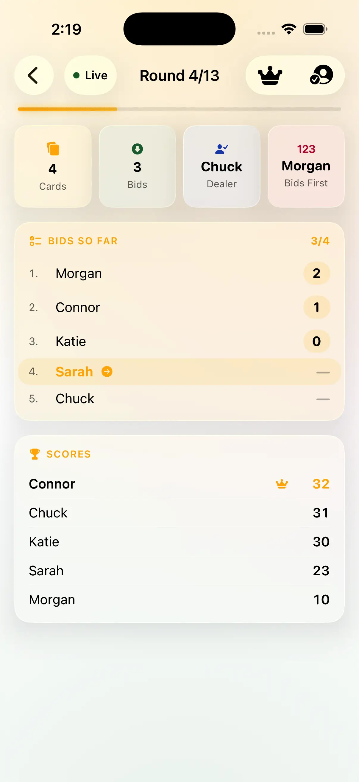Spectator Mode showing live bids and scores